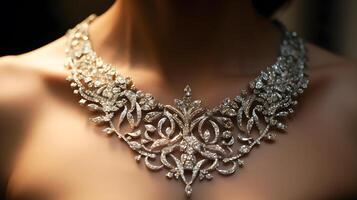 ai generiert ein Frau Hals ist geschmückt mit ein Diamant Halskette foto