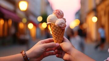 ai generiert zwei Hände halten ein Eis Sahne Kegel im ein Stadt foto