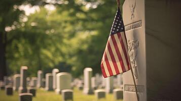ai generiert ein Flagge ist platziert auf ein Grabstein im ein Friedhof foto