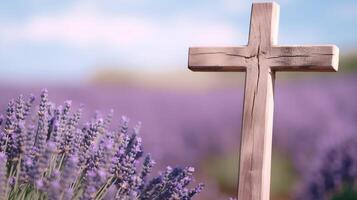 ai generiert hölzern Kreuz im Lavendel Feld foto