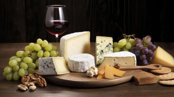 ai generiert hölzern Teller mit Käse und Wein, ein perfekt Paarung zum Genuss foto