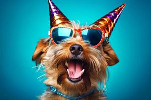 ai generiert Hund tragen Party Hut und Sonnenbrille foto