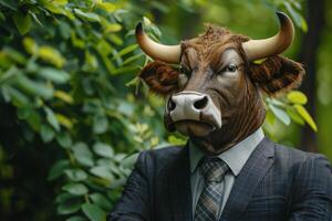 ai generiert Boss Stier. ein Stier gekleidet wie ein Geschäftsmann unter Grün Gebüsch. Lager Austausch Spieler foto