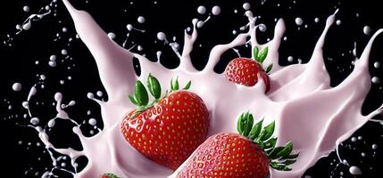 Erdbeere Milch planschen mit Erdbeere isoliert auf schwarz Hintergrund. Erdbeere fallen in Rosa Milch oder Joghurt cremig Flüssigkeit trinken Spritzen. milchig Spritzen mit Erdbeeren gegen schwarz. schließen oben foto