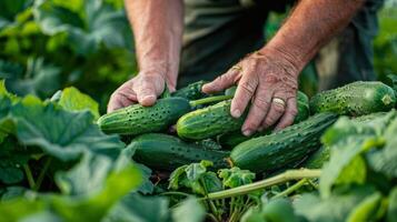 ai generiert Nahansicht von Farmer Hände pflücken Gurken im das Garten foto