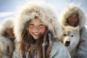 ai generiert froh Eskimo Kinder auf ein Winter Hintergrund foto