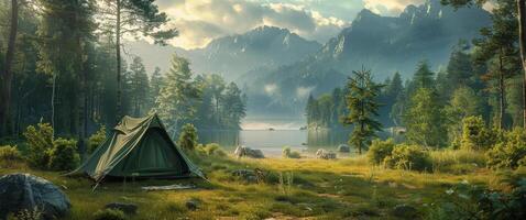 ai generiert Zelt aufgeschlagen auf See Ufer foto