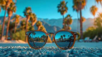 ai generiert Sonnenbrille auf sandig Strand foto