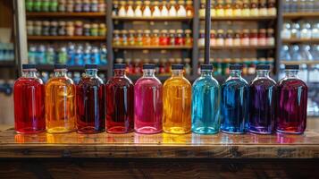 ai generiert Reihe von Flaschen gefüllt mit anders farbig Flüssigkeiten foto