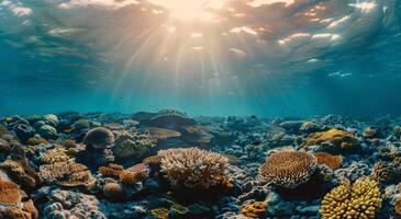 ai generiert unter Wasser Aussicht von Koralle Riff foto