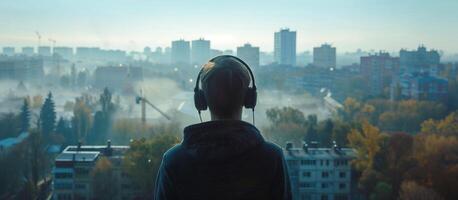 ai generiert ein Mann Hören Musik- verwenden Kopfhörer mit Stadtbild Aussicht foto