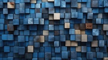 ai generiert abstrakt Block Stapel hölzern 3d Würfel, Blau Holz Textur zum Hintergrund foto