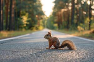 ai generiert Eichhörnchen Stehen auf das Straße in der Nähe von Wald. Straße Gefahren, Tierwelt und Transport. foto