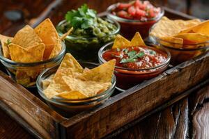 ai generiert dreieckig Nachos Mais Chips mit verschiedene Saucen im klein Glas Schalen auf hölzern Tablett foto