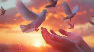 ai generiert Hand loslassen ein Weiß Taube in das Himmel während Sonnenuntergang, symbolisieren Frieden und Freiheit foto