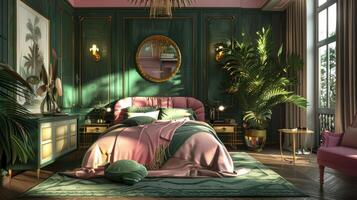 ai generiert luxuriös Rosa und Grün Schlafzimmer Innere Design foto