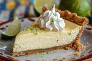 ai generiert Schlüssel Limette Kuchen. ein berühmt Dessert mit Limette Saft und ein Süss Kruste foto