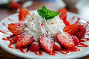 ai generiert Dessert mit Erdbeeren und ausgepeitscht Sahne foto