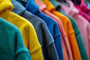 ai generiert bunt Hoodies beim hungert im Kleidung Geschäft foto