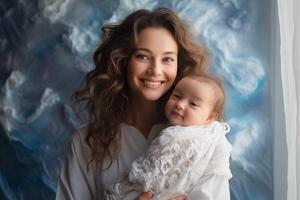 ai generiert glücklich Frau mit Neugeborene auf ein medizinisch Zimmer Hintergrund foto