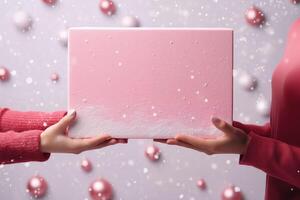 ai generiert Hände halten Weihnachten und Geburtstag die Geschenke im Rosa Farbe foto