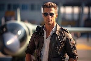 ai generiert männlich Pilot tragen Flieger Sonnenbrille foto