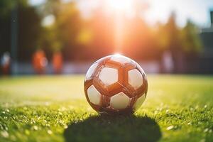 ai generiert Fußball Ball auf Stadion Hintergrund im Fußball Feld foto