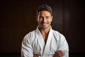 ai generiert glücklich Karate Mann im Ausbildung im Fitnessstudio foto
