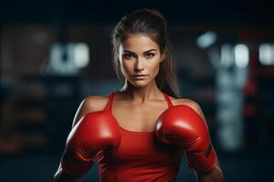 ai generiert Boxer Frau mit Boxen Handschuhe im das Fitnessstudio foto