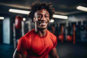 ai generiert glücklich schwarz Boxer Ausbildung im ein Fitnessstudio foto