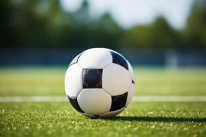 ai generiert Fußball Ball auf Stadion Hintergrund im Fußball Feld foto