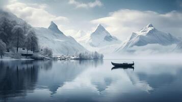 ai generiert still Einsamkeit. einsam Segelboot friedlich treiben auf ein Ruhe See foto