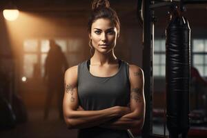 ai generiert Boxer Frau mit Stanzen Tasche. motivierend Plakate foto