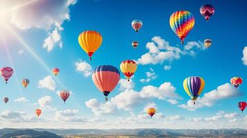 ai generiert hochfliegend Pracht. Gruppe von bunt heiß Luft Luftballons aufsteigend in ein klar Himmel foto