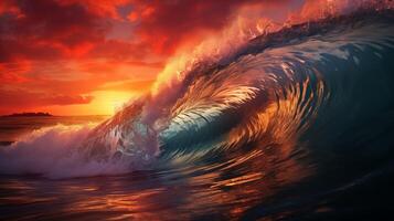ai generiert Sonnenuntergang Surfen Abenteuer. dynamisch Schuss von ein Surfer fangen ein Welle foto