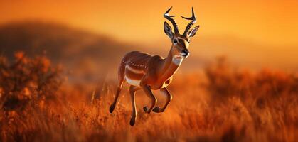 ai generiert elegant schlank Gazelle im Bewegung beim Sonnenuntergang foto