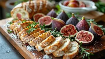 ai generiert hölzern Schneiden Tafel mit geschnitten Feigen foto