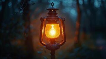 ai generiert glühend Laterne im Wald foto
