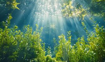 ai generiert Sonnenlicht leuchtenden durch Baum Blätter foto