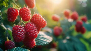 ai generiert Himbeeren wachsend auf ein Busch foto