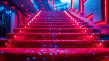 ai generiert lange rot Treppe führen zu hell Licht foto