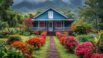 ai generiert Blau Haus umgeben durch bunt Blumen und Grün foto