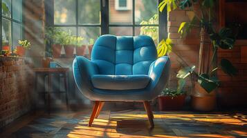 ai generiert Blau Stuhl durch Fenster foto
