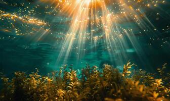 ai generiert Sonne leuchtenden durch Wasser Über Pflanzen foto