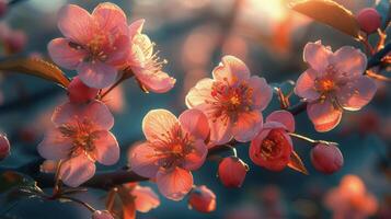 ai generiert schließen oben von Rosa Blumen auf ein Baum foto