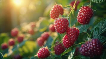 ai generiert Himbeeren wachsend auf ein Busch foto