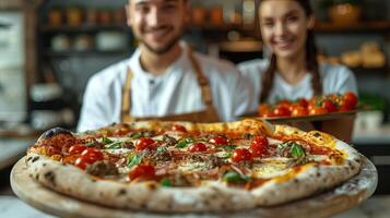 ai generiert Mann und Frau halten groß Pizza foto