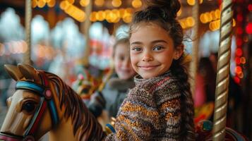 ai generiert wenig Mädchen genießen ein Karussell Reiten foto