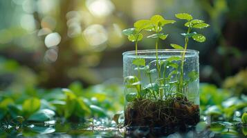 ai generiert klein Glas Vase mit Pflanze foto