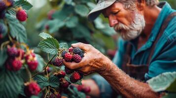 ai generiert älter Mann pflücken Beeren von Busch foto